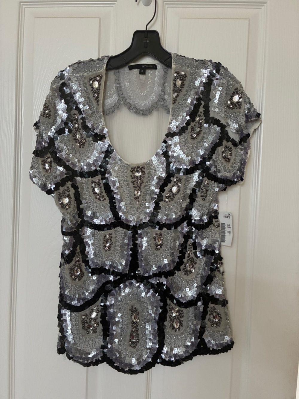 JAYGODFREY Silver & Black Sequined Scoop Neck Short Sleeve Top
